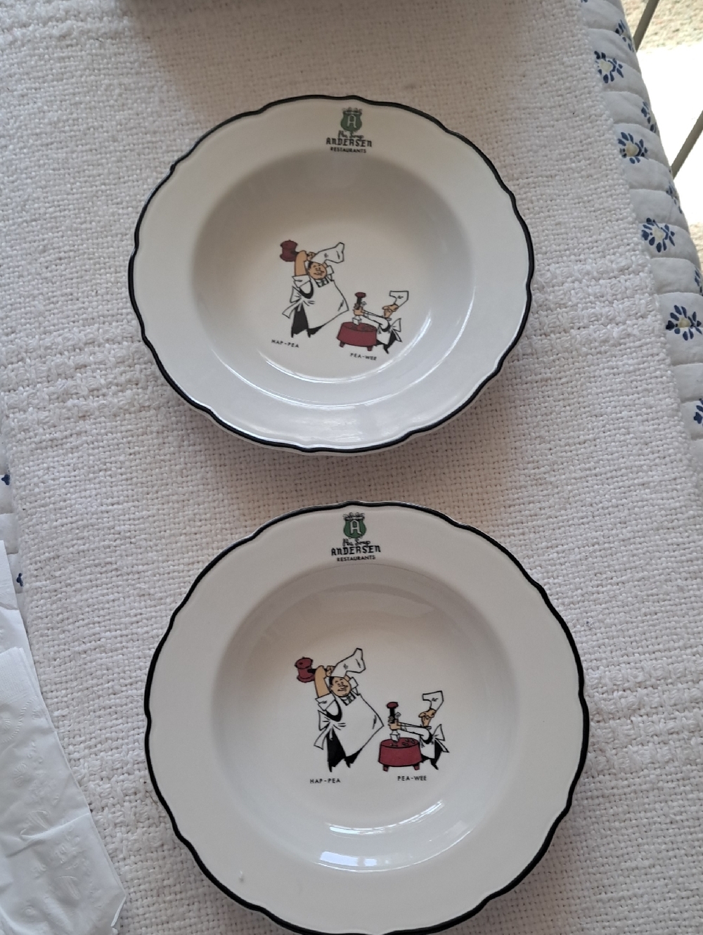 2 Vtg Andersen Pea Soup Restaurant California Syracuse China Bowls Hap-Pea